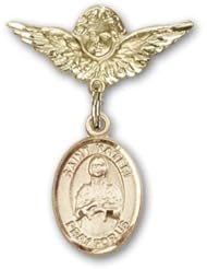 14K Gold Baby Badge with St. Kateri Charm and Angel with Wings Badge Pin
