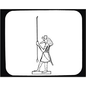 Decorated Mouse Pad with man, "black and white", stick, myth, Egypt, warrior, mask, animal, deity, standing, holding, weapon, Anubis