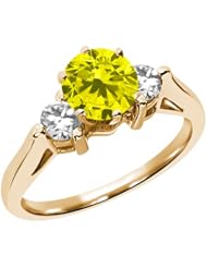 0.65 Ct Round Natural Canary Diamond 18K Yellow Gold 3-Stone Ring