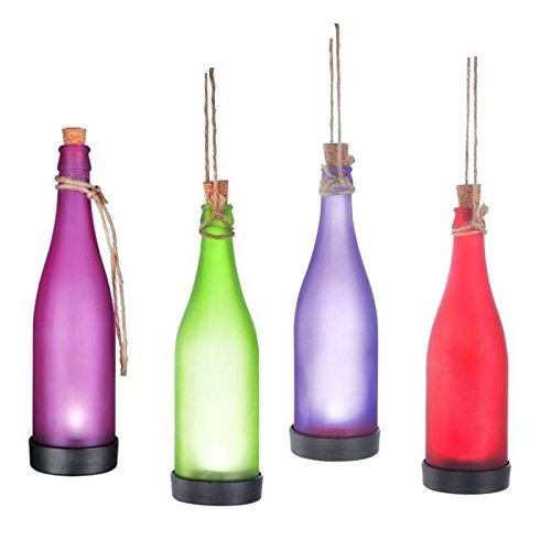 détail Lot de 4 lampes solaires LED .Couleur changeante, forme bouteille.