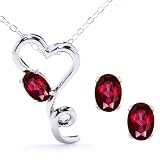 2.45 Ct Oval Ruby Red Topaz Heart Pendant Earrings Sterling Silver Set