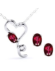 2.45 Ct Oval Ruby Red Topaz Heart Pendant Earrings Sterling Silver Set