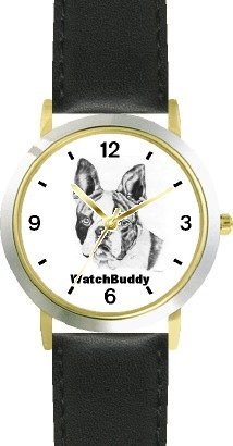 Boston Terrier (SC) Dog - WATCHBUDDY® CLASSIC DELUXE TWO-TONE THEME WATCH - Arabic Numbers-Black Leather Strap-Women's Size-Small