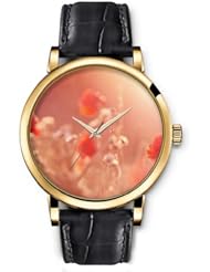 SPRAWL Aanalog Fashion Series Gold Ladies Watches of Genuine Black Leather Strap,Unique Wrist Watch for Women Girls Designed with Blurred scenery Flowers