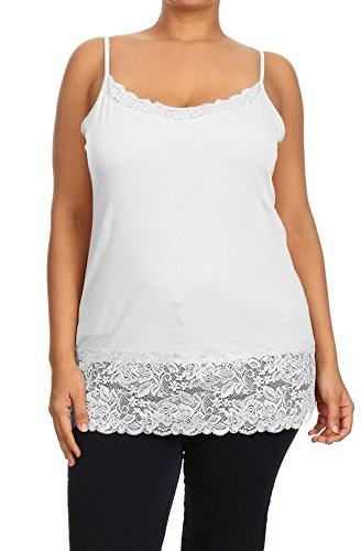 Plus Size Spaghetti Strap Plain Long Lace Trim Tank TOP Layering Cami 2XL White