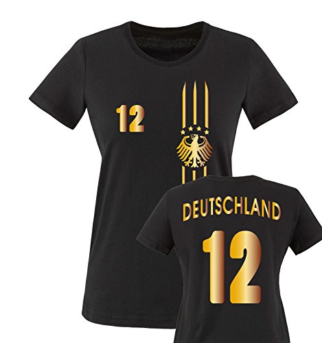 EM 2016 – TRIKOT – MOTIV1 – DEUTSCHLAND – 12 – Damen T-Shirt – Schwarz / Gold Gr. XXL