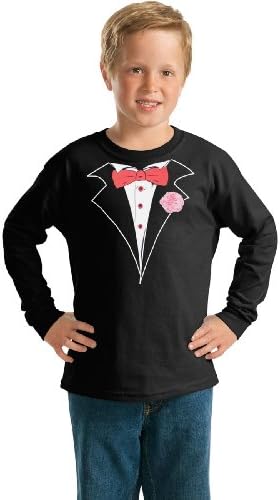 Boys Black Long Sleeve Tuxedo T-Shirt with Red Tie
