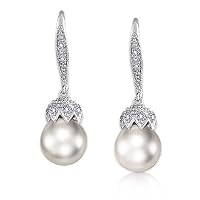 Bling Jewelry Bridal Pave Encrusted Crown Pearl Drop Leverback Earrings