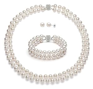 PremiumPearl 6.5-7mm Double Strand White Freshwater Pearl Set AAA Quality 14K Yellow Gold