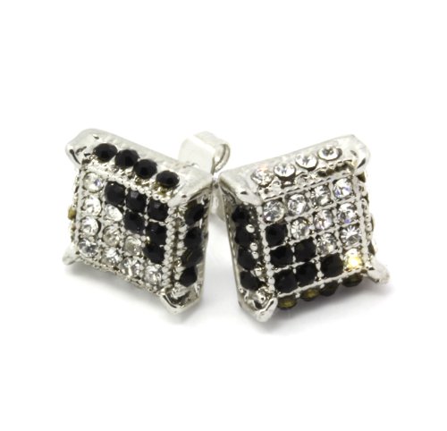 Mens Silver Tone Clear/Black Cz Cube Iced Out Hip Hop Micro Pave Stud Earrings