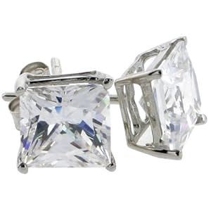 14K White Gold 1 1/4 Carat Size (6 mm ea) Princess Cut Basket Set CZ Stud Earrings