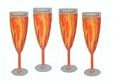 ArtisanStreet's Flame Champagne Flutes. Set of 4. Features Flame Colors in Shades of Orange & Yellow. One of a Kind, Signed by Artisan