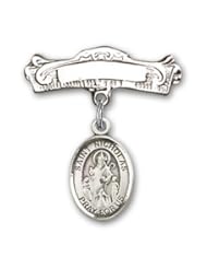 Sterling Silver Baby Badge with St. Nicholas Charm and Arched Polished Badge Pin