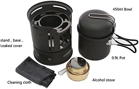 Topunion 7 Items = 0.9l Pot + 450ml Bowl + Windshield with Grid + Support + Base + Alcohol Stove + Cleaning Clot Picnic Camping Hiking Backpacking Pot Pan 1-2 Persons Outdoor Camping Hiking Cookware Portable Cooking Set Alcohol Stove Picnic Pots Pan