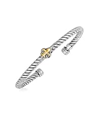 18K Yellow Gold and Sterling Silver Bangle with a Fleur De Lis Station