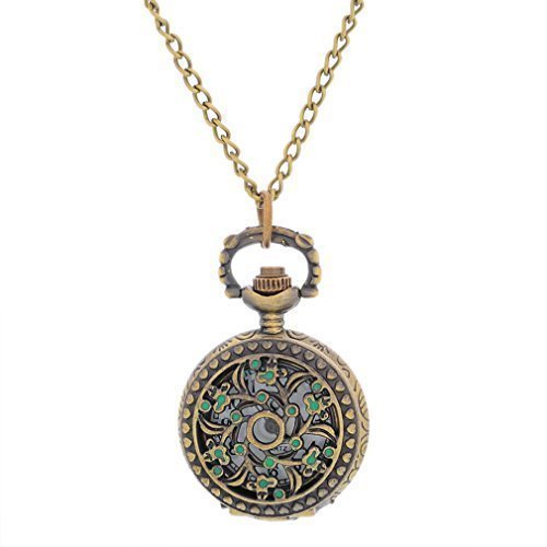 Souarts Antique Bronze Color Round Pocket Watch Hollow Green Enamel Leaf Engraved 80cm