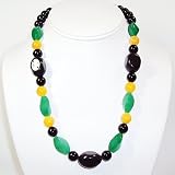 Jamaican colors necklace - Black Jade, Blackstone, Green Quartz and Yellow Aragonite 19 inches