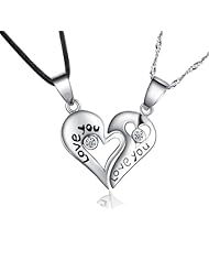 Moon Wings Sterling Silver "Love You" Heart Pendant Pair Set w/ 18 Sterling Chains