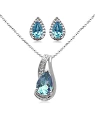Sterling Silver Pear Blue Topaz Pendant Necklace and Earrings Diamond Box Set