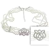 Estate Sterling Silver Simulated Diamond cz and White Pearl Filigree Choker Pendant Necklace
