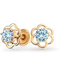 Bling Jewelry 14k Gold Blue Topaz Colored CZ Children Baby Flower Stud Earrings