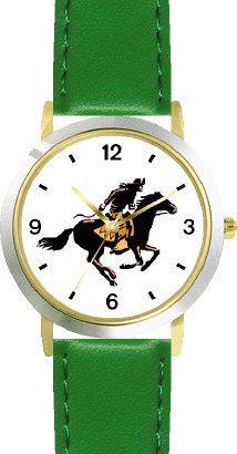 Horse and Rider of the Pony Express Horse - WATCHBUDDY® DELUXE TWO-TONE THEME WATCH - Arabic Numbers - Green Leather Strap-Size-Large ( Men