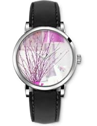 SPRAWL Aanalog Fashion Series Silver Ladies Watches of Genuine Black Leather Strap,Unique Wrist Watch for Women Girls Designed with Purple branches in a vase