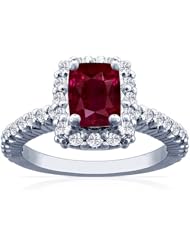 14K White Gold Cushion Cut Ruby Ring With Sidestones