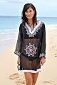 Copacabana Long Sleeve Embroidered Beach Tunic/Cover Up, XL, Black