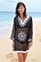 Copacabana Long Sleeve Embroidered Beach Tunic/Cover Up, S, Black