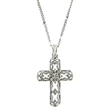 Silver Tone Filigree Crystal Center Cross Pendant Necklace