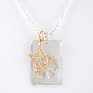 Rectangular Dog Tag Style Peace Sign Pendant in Sterling Silver with Gold Vermeil Dove on an 18" Bead Chain, #8296