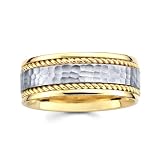 14K Wedding Band Men’s 6MM Comfort Fit Braided Hammered Surface Two Tone Gold Ring For Size 11