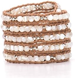 EA White Milky Stones and Silver Plated Nuggets on 5 Layer Natural Tan Leather Wrap Bracelet