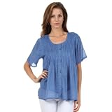 Sakkas Button Down Embroidered Short Sleeve Semi-Sheer Gauzy Cotton Top / Blouse
