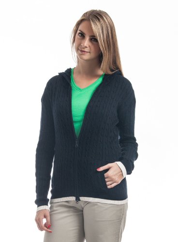 Navy-White Women's Cable Knit Sweater - Hooded with Pockets