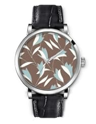 SPRAWL Aanalog Fashion Series Silver Ladies Watches of Genuine Black Leather Strap,Unique Wrist Watch for Women Girls Designed with Petals on coffee background