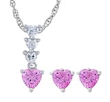 Platinum Plated Sterling Silver Round and Heart-Shaped Drop Pendant with Clear and Pink Cubic Zirconia and Heart-Shaped Pink Stud Earrings Set