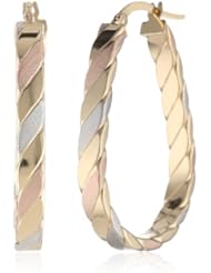 Italian 10k Tri-Color Gold High Polished and Satin Finished Oval Hoop Earrings