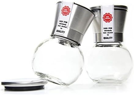 Stainless Steel Salt and Pepper Mill Set, Hand-checked for Quality, Round Glass Body, Adjustable Grind, Pepper Grinder Shaker, Set of 2