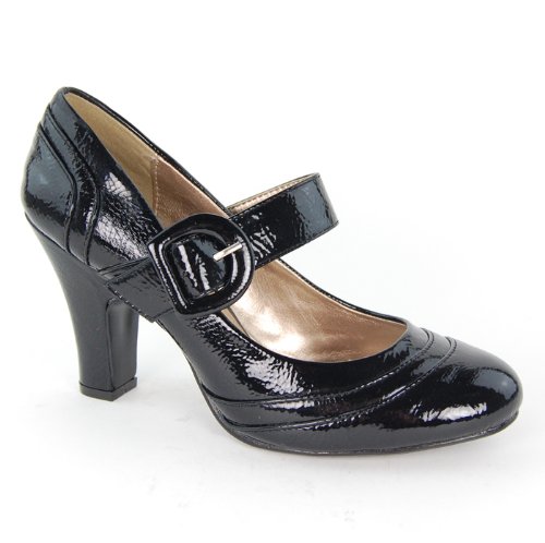 Womens Round Toe Court Shoe Ladies Medium to High Heel Shoe Black Patent Size 4 UK