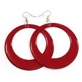 Large Red Enamel Hoop Drop Earrings (Silver Metal Finish) - 6.5cm Diameter