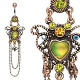 Vintage Heart Belly Ring with Chain Dangle - 14G - 3/8 Bar Length - Sold Individually