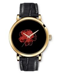 SPRAWL Aanalog Fashion Series Gold Ladies Watches of Genuine Black Leather Strap,Unique Wrist Watch for Women Girls Designed with Red rose on black background