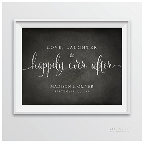 Andaz Press Personalized Wedding Party Signs, Vintage Chalkboard Print, 8.5-inch x 11-inch, Love, Laughter & Happily Ever After, 1-Pack, Custom Made Any Name