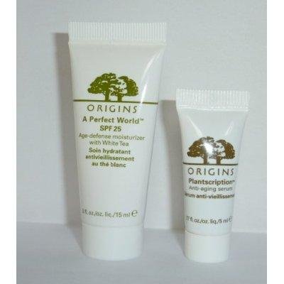 Origins Travel Set /Kit : A Perfect World SPF 25 Age-defense Moisturizer with White Tea 15ml + Plantiscription Anti-aging Eye Treatment 5ml