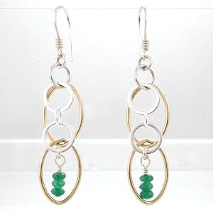 Deep Green Adventurine Gemstone Bead Dangle Earrings with Circles of Sterling Silver and Gold Vermeil, #8639