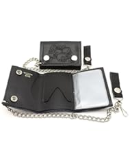 Apparel: Trifold Black Genuine Leather Biker Wallet With Pile of Skulls Embossed and a Chain
