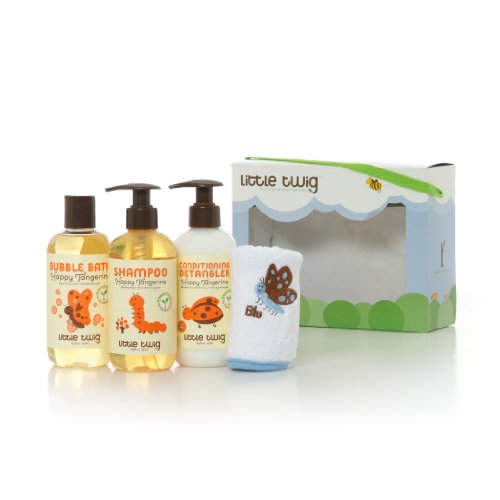 Little Twig All Natural, Hypoallergenic Bath Time Basics 4 Piece Gift Set with Washcloth, Happy Tangerine Scent, 8.5 Ounce Bottles