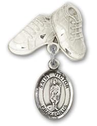 Sterling Silver Baby Badge with St. Victor of Marseilles Charm and Baby Boots Pin